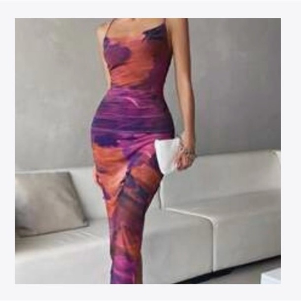 BAE Tie Dye Draped Collar Split Thigh Cami Dress